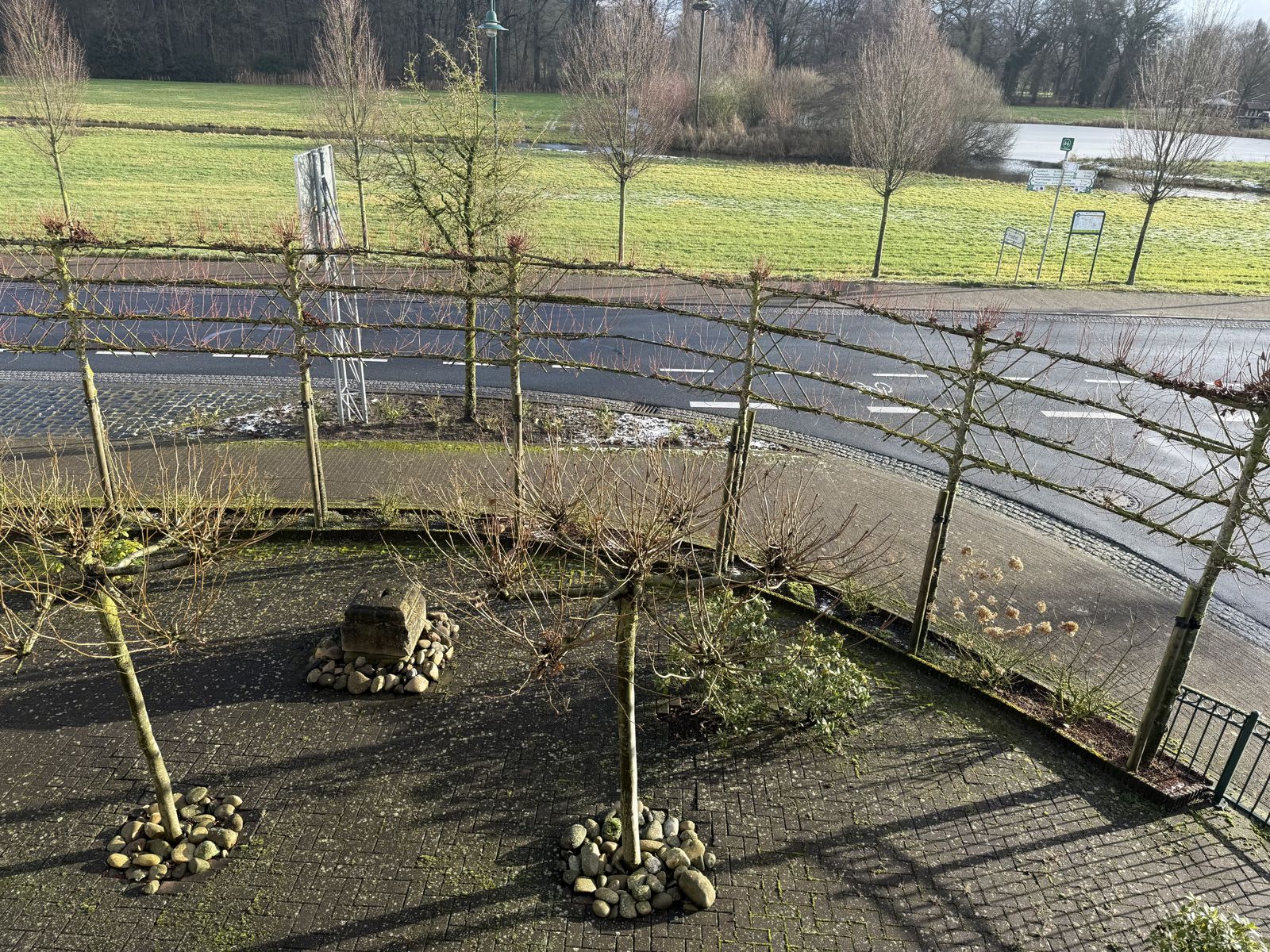 Outdoor patio at dusk with string lights